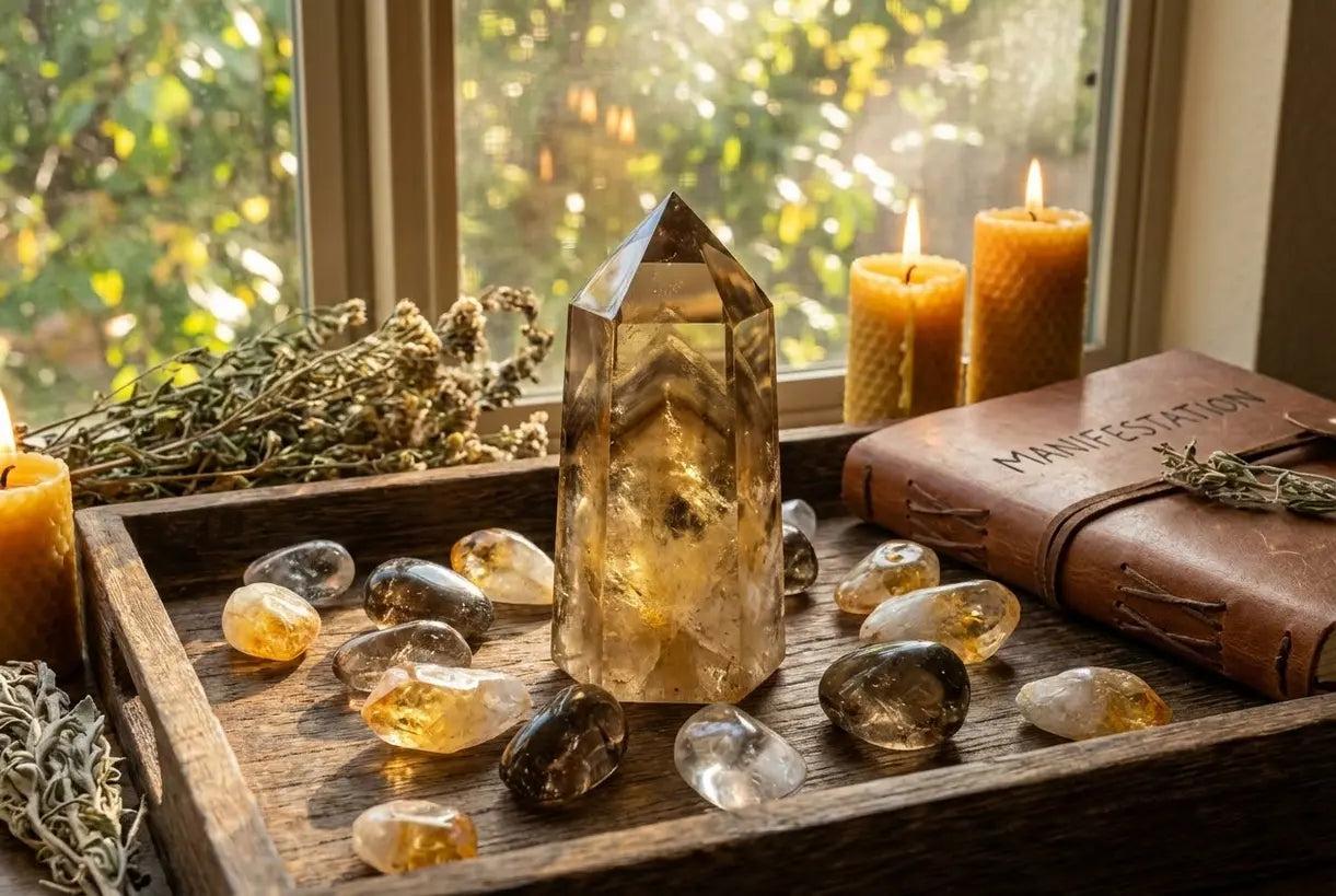 Crystal on wooden tray by sunlight