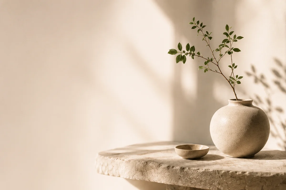 A ceramic vase with a leafy branch and a small bowl on a sunlit stone table