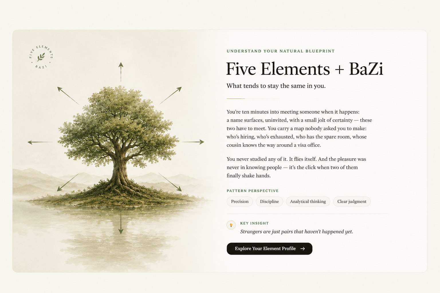 Illustrated tree with roots, trunk, and canopy on a small island, arrows radiating outward in eight directions