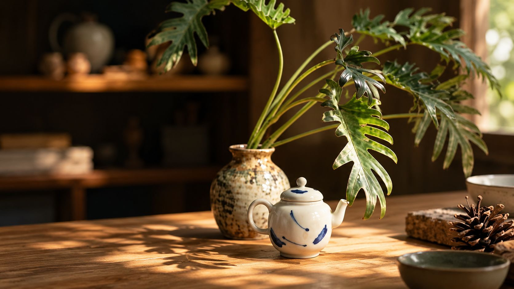 A sunlit wooden table with a green houseplant in a patterned vase, a small teapot, a bowl and a pine cone, with shelves of pottery behind.