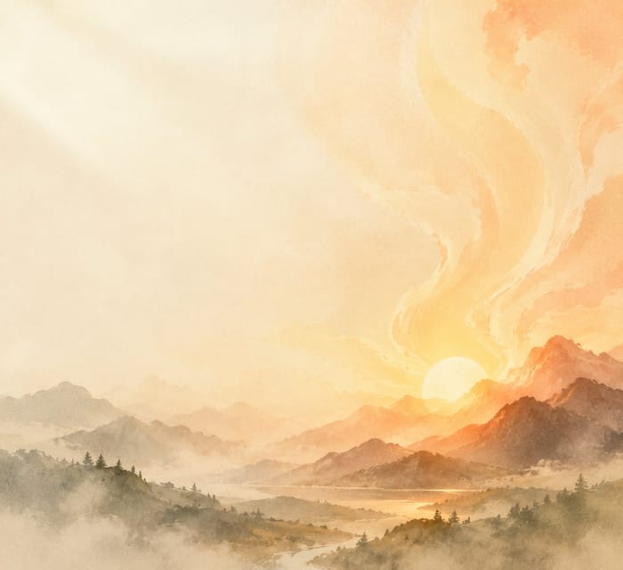 Watercolor sunrise over mountains, representing the Fire element