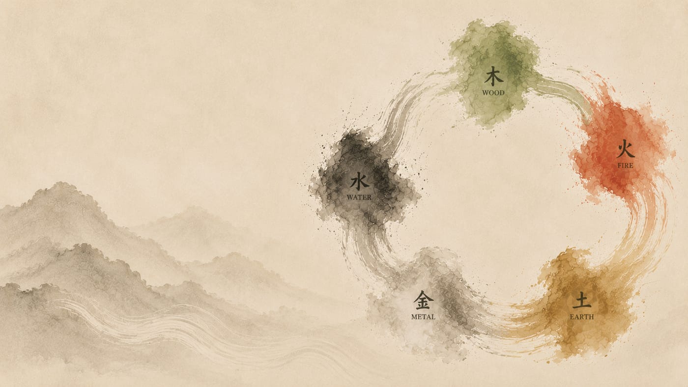 The Five Elements generating cycle, illustrated as a circle of Wood, Fire, Earth, Metal and Water