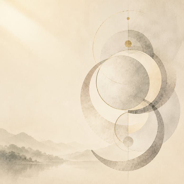 Abstract watercolor circles in muted gold and grey, representing the Metal element
