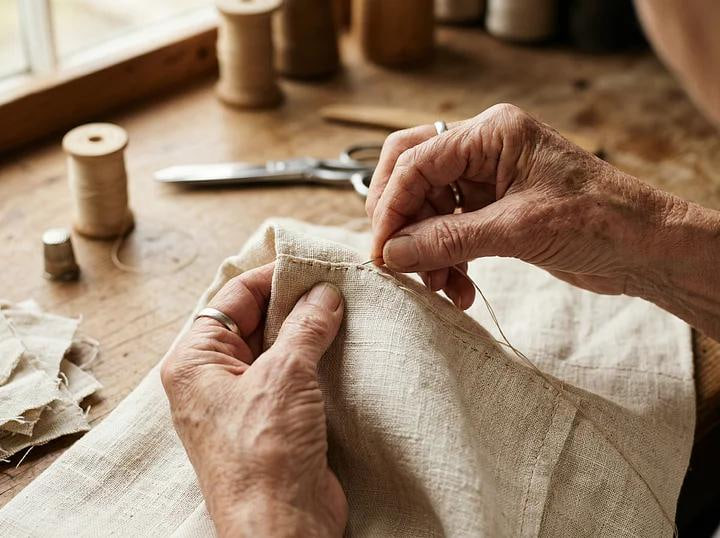 Hands hand-sewing natural linen on a wooden table beside spools of thread and scissors.