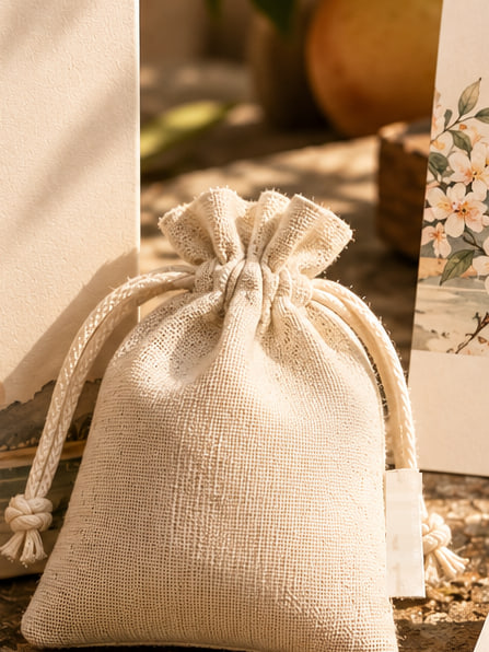 Concept render: a linen drawstring sachet on a stone slab with white blossom and petals.