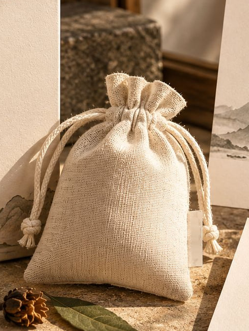 Concept render: a linen drawstring sachet beside pieces of dark wood and a dried seed pod.