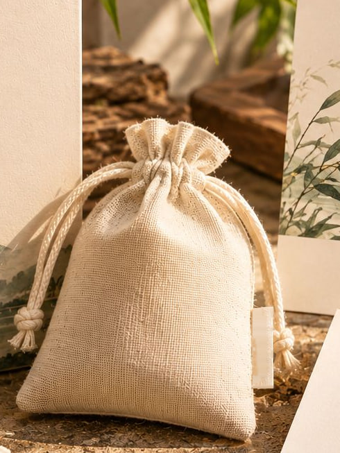 Concept render: a linen drawstring sachet with green tea leaves, jasmine flowers and bamboo leaves.