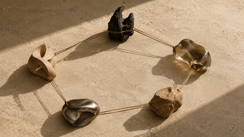 Five objects &mdash; wood, coal, glass, metal, and clay &mdash; connected in a pentagon by taut wires, each one pulling against its neighbor.
