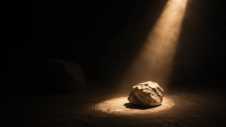 A single stone lit by one shaft of light in an otherwise dark room, with a second stone left in shadow.