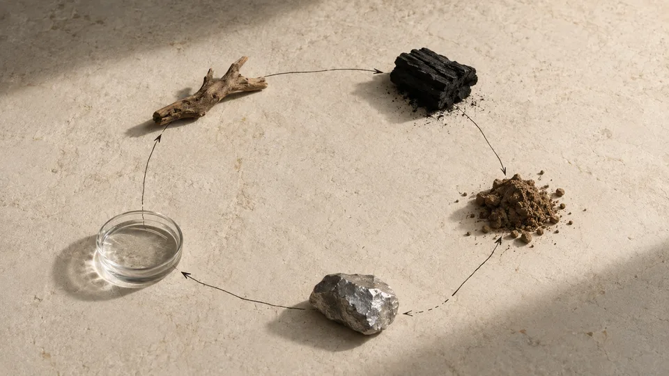A branch, coal, a mound of earth, a metal stone, and a bowl of water, connected in a circle by arrows &mdash; the five phases as one continuous sequence.