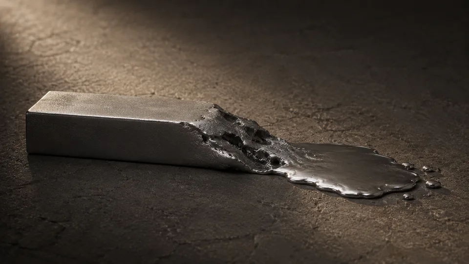 A metal bar melting at one end into a pool of liquid metal on dark stone.